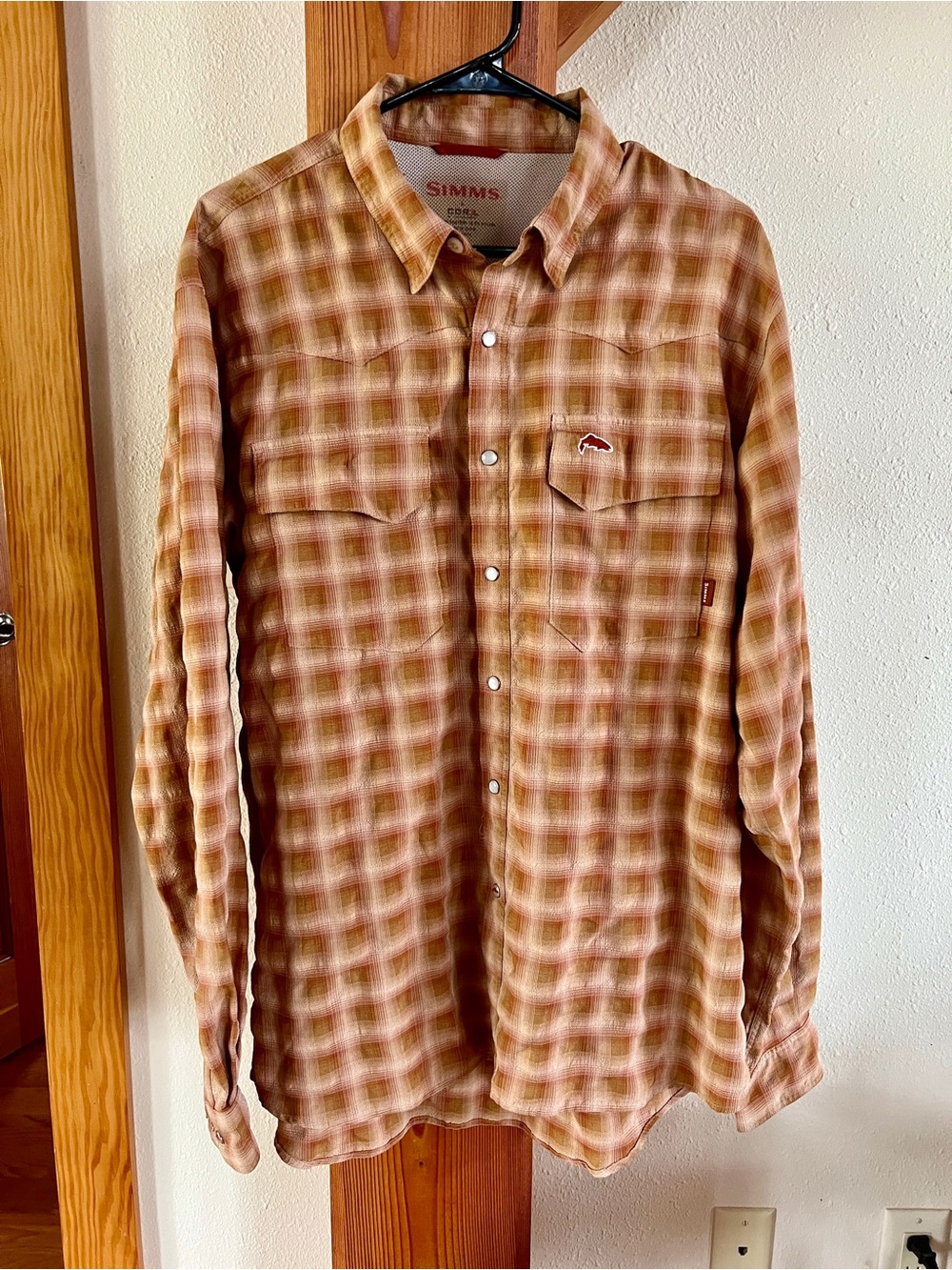 Simms Plaid Big Sky Cor3 Long-Sleeve Shirt in Tan and Rust size large